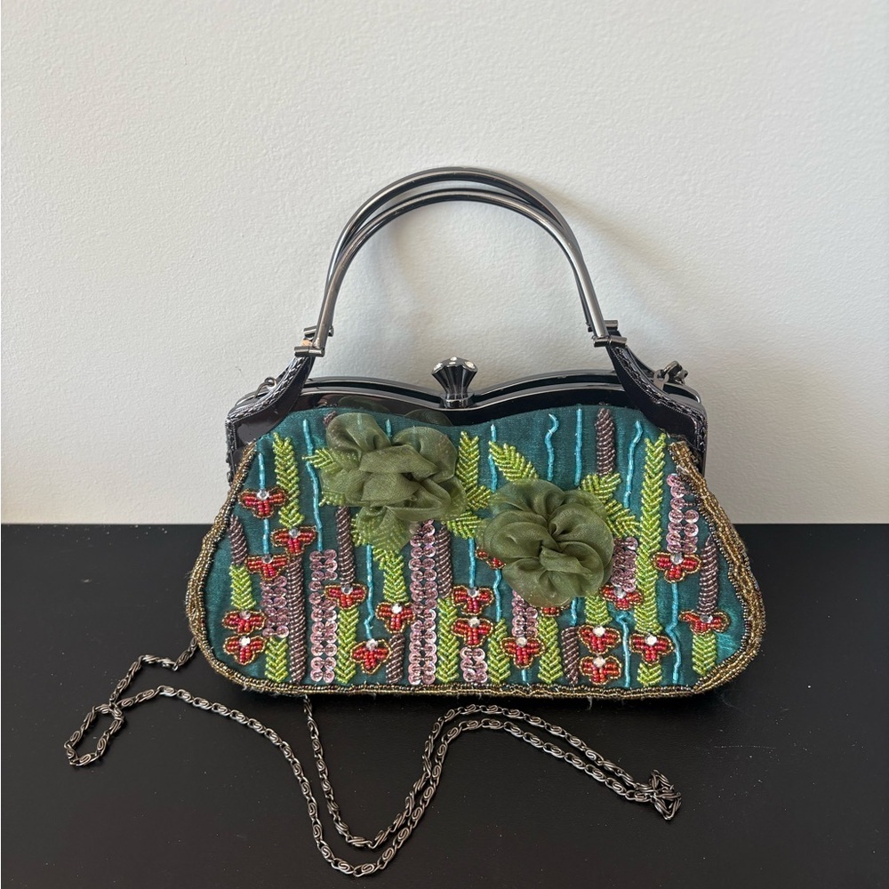 Beaded Floral Evening Bag Green Crossbody Purse - Picture 8 of 10